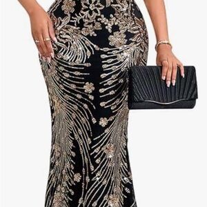 Elegant Black and Gold Sequin Floral Gown